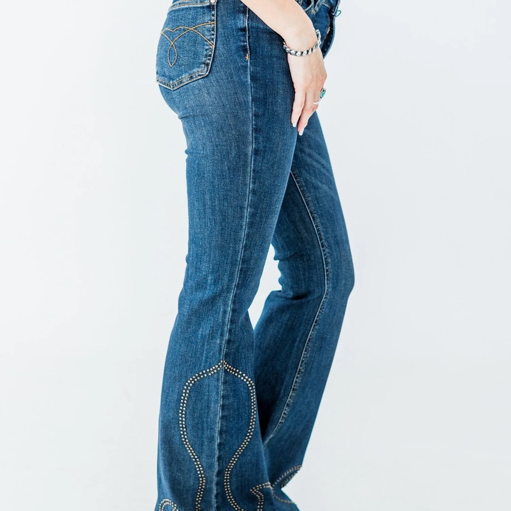 Judy Blue Dark Blue High-Rise Western Flare Jeans